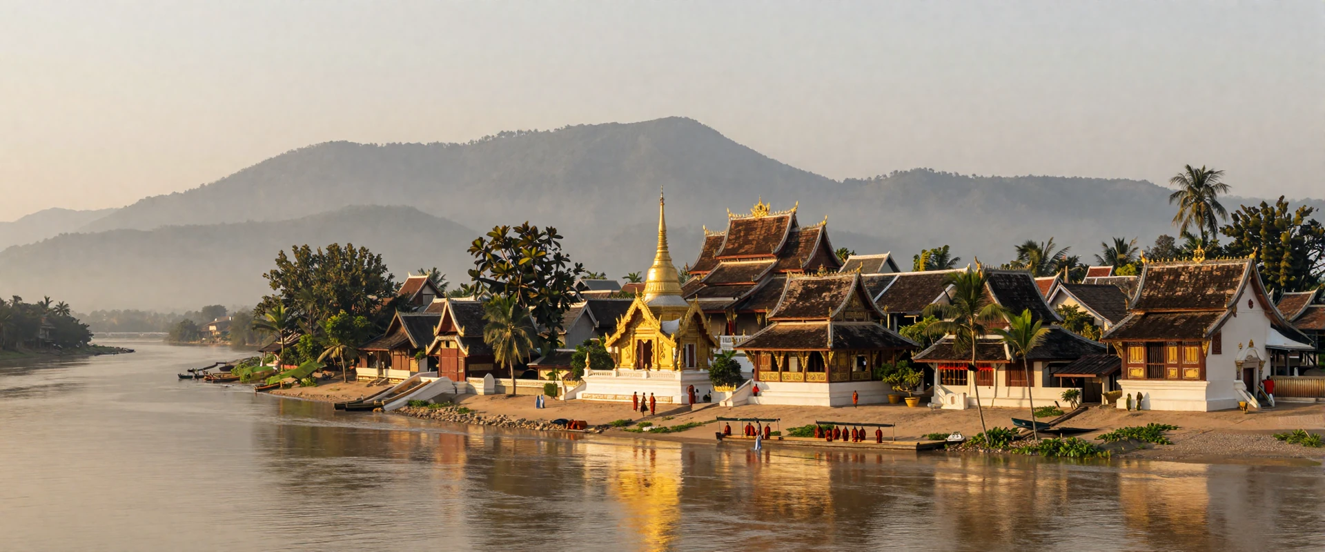 Luang Prabang Laos at sunrise with golden Buddhist temples along the Mekong River and misty mountains