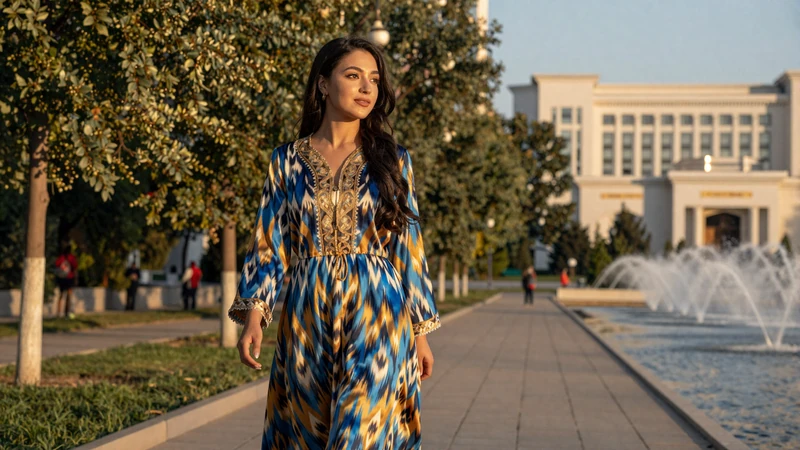Elegant Uzbek woman in traditional atlas silk dress walking on a tree-lined Tashkent boulevard at golden hour