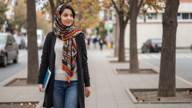 Educated Afghan woman walking along tree-lined city street in modern casual clothing with traditional Afghan scarf