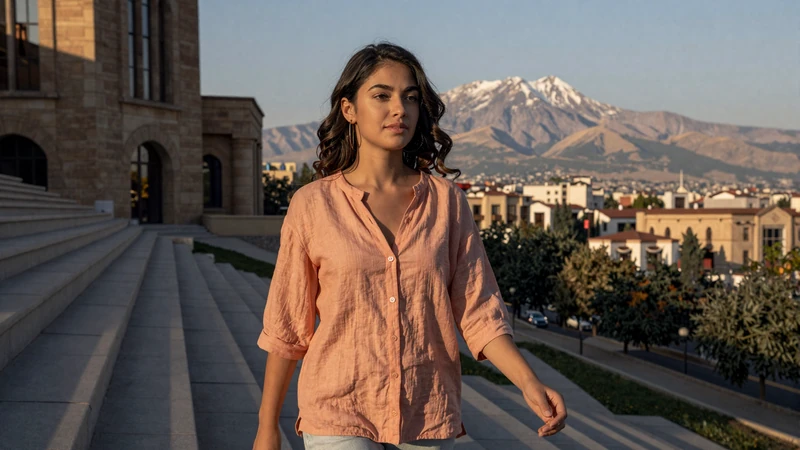 Stylish Armenian woman walking along the Cascade complex in Yerevan with Mount Ararat in the background at golden hour