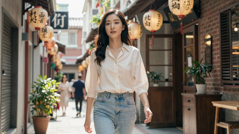 Stylish Taiwanese woman walking through Taipei alley with traditional lanterns and modern cafes blending old and new culture