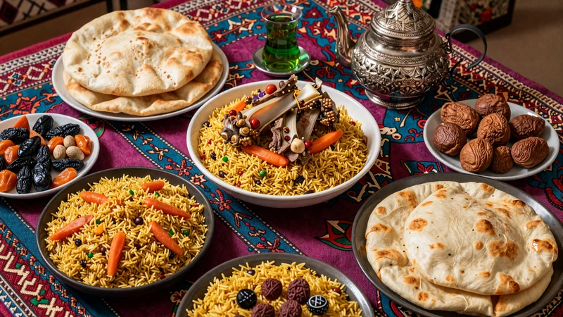Traditional Tajik dastarkhan feast with plov qurutob flatbread and green tea in ornate teaware