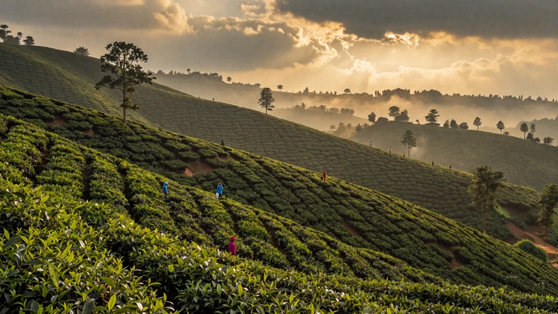 Lush green Sylhet tea gardens in Bangladesh with rolling hills and golden morning light ideal destination for couples