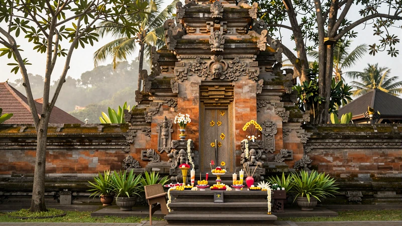 Ornate Balinese Hindu temple with carved stone gate and tropical frangipani trees representing Indonesian spiritual diversity