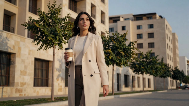 Modern Jordanian woman walking through upscale Abdoun district in Amman wearing stylish casual clothing at golden hour