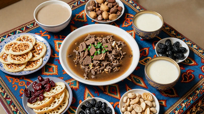 Traditional Kazakh dastarkhan feast table with beshbarmak baursak kumis and dried fruits on embroidered Kazakh textile