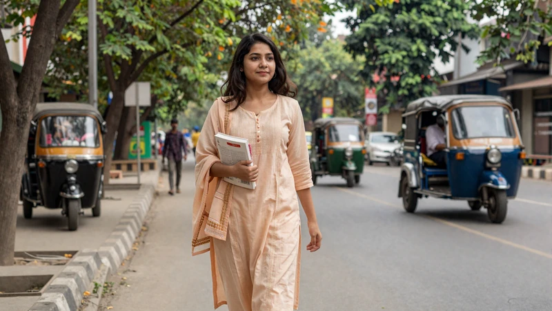 Educated Bangladeshi woman walking along tree-lined Dhaka street in casual salwar kameez holding a book