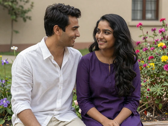 Steven from the US and Priya from India happy couple in garden success story