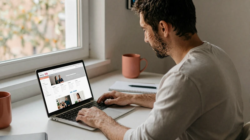 Man reviewing online dating profiles on laptop in a well-lit home office, checking for safety red flags
