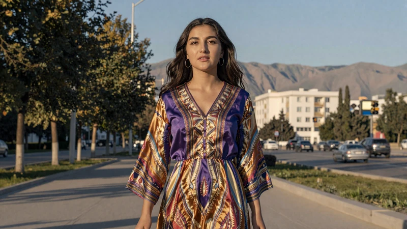 Tajik woman in colorful atlas silk dress walking along tree-lined boulevard in Dushanbe with mountain views