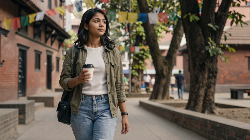 Educated Nepali woman walking along a tree-lined Kathmandu street in casual modern clothing with prayer flags in background