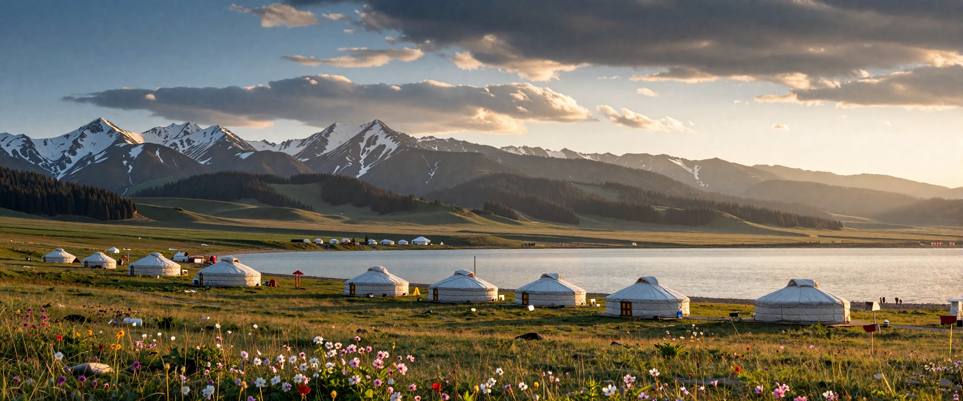 Issyk-Kul Lake in Kyrgyzstan at sunrise with Tien Shan mountains and traditional yurt camps on the green shoreline