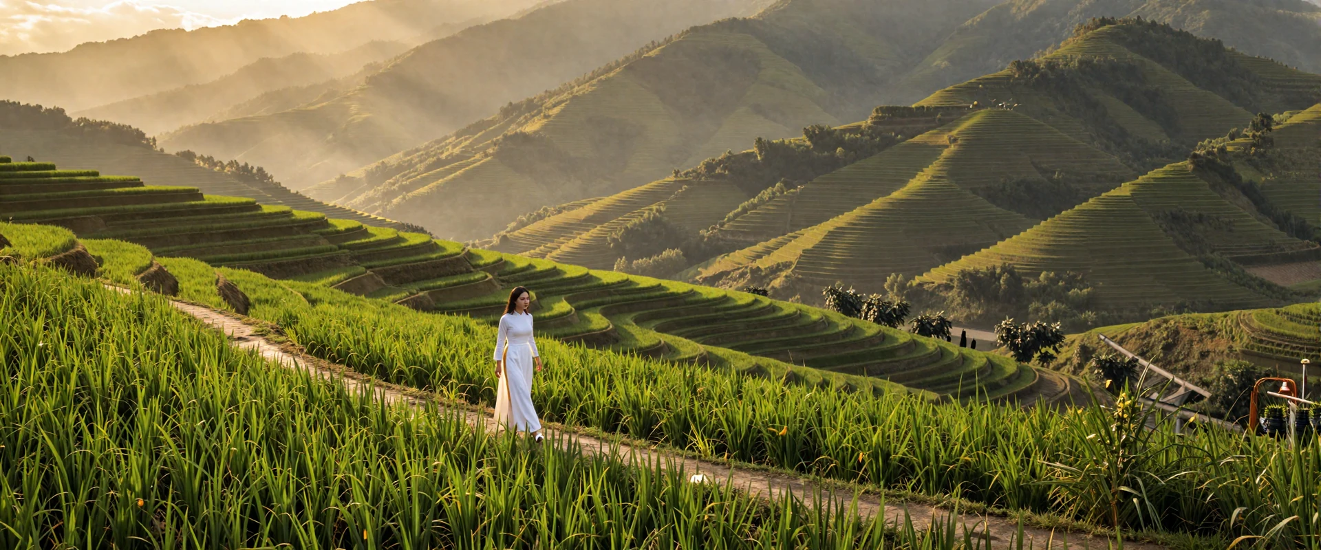 Terraced rice fields in Sapa Vietnam at golden hour with misty mountains reflecting Vietnam's natural beauty