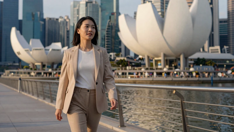Confident Singaporean woman walking along Marina Bay waterfront promenade with modern Singapore skyline at golden hour