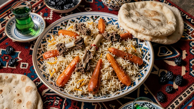 Traditional Turkmen plov rice pilaf with lamb served alongside green tea and fresh bread on ornate Turkmen carpet