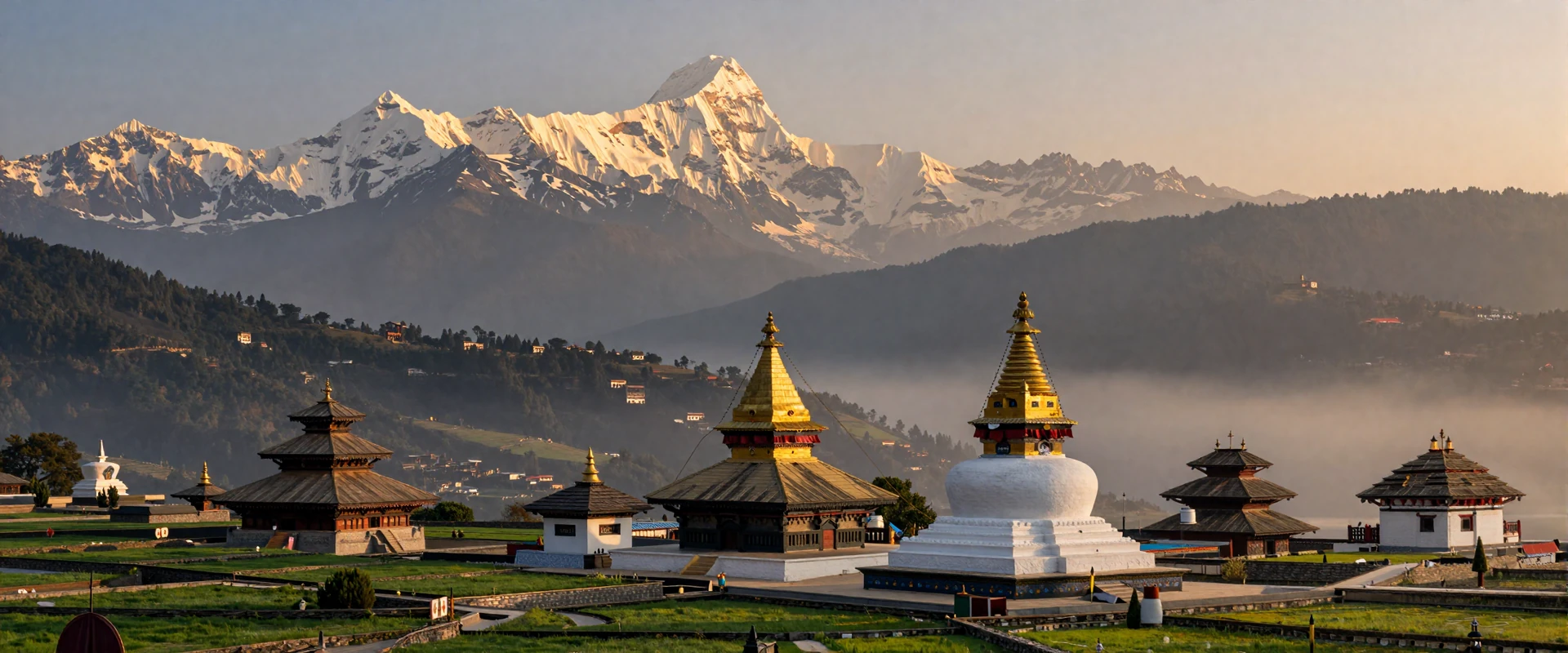 Himalayan mountain panorama at sunrise from Kathmandu valley Nepal with ancient temples and snow-capped peaks
