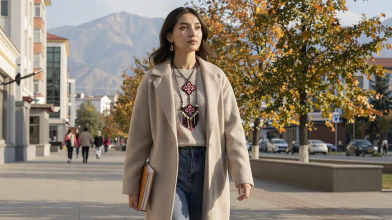 Young Kyrgyz woman in modern casual clothing walking along a Bishkek boulevard with Tien Shan mountains in the background