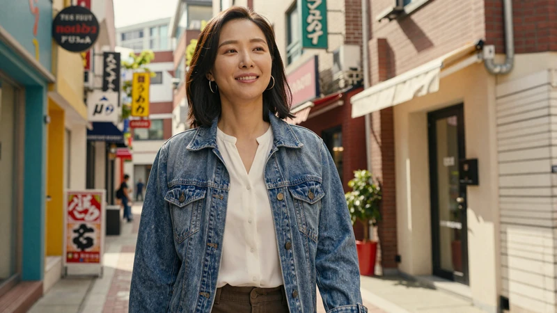 North Korean woman resettled in Seoul walking confidently through modern Korean neighborhood in casual attire