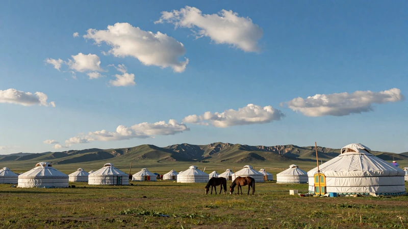 Traditional Mongolian ger yurt camp on green steppe with horses grazing under vast blue sky and distant mountains