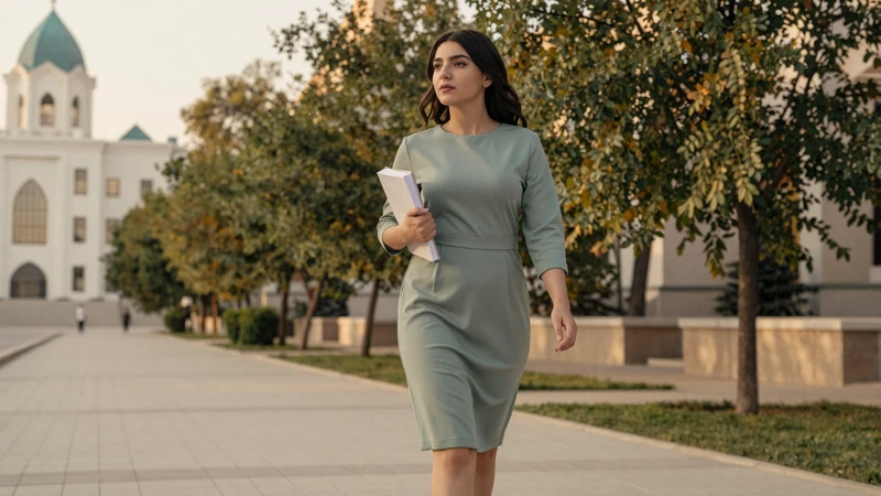 Educated Turkmen woman walking along Ashgabat boulevard with white marble architecture in background wearing modern casual clothing