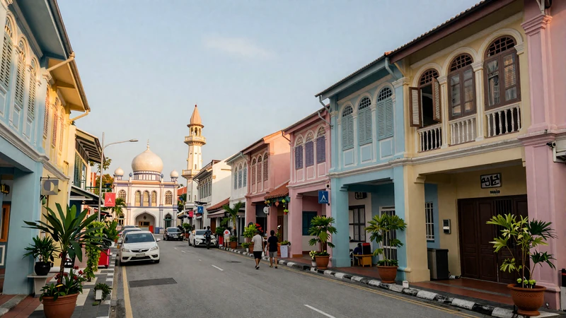 Colorful multicultural Georgetown Penang street with Chinese temple and colonial shophouses reflecting Malaysia's diverse cultural heritage