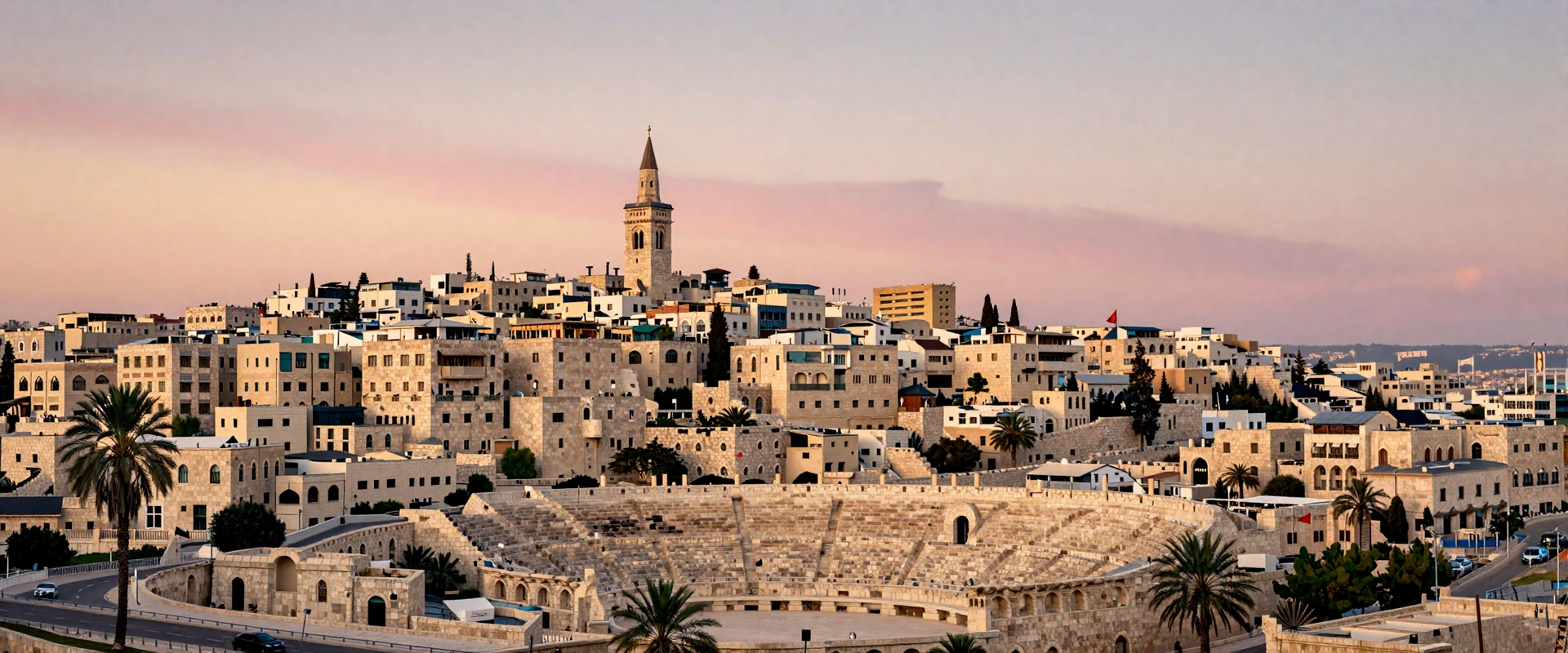 Amman Jordan cityscape at golden hour with limestone buildings and ancient Roman amphitheater against pink sunset sky