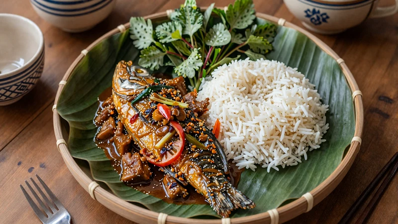 Traditional Cambodian fish amok curry served in banana leaf bowl with steamed jasmine rice and fresh herbs on wooden table