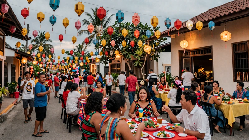 Colorful Filipino fiesta celebration with community gatherings reflecting warm Filipina hospitality culture