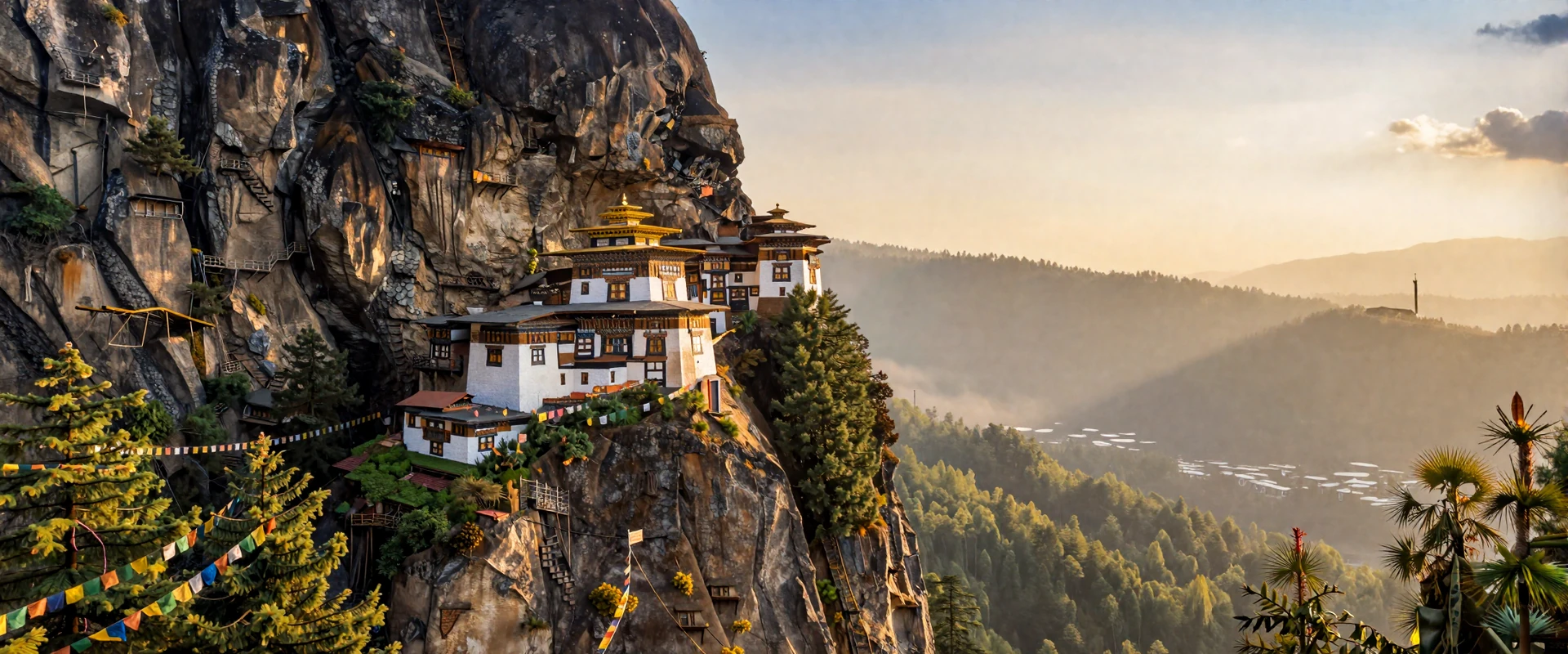Tiger's Nest monastery perched on a Himalayan cliff in Paro Valley Bhutan at golden hour with prayer flags and misty mountains