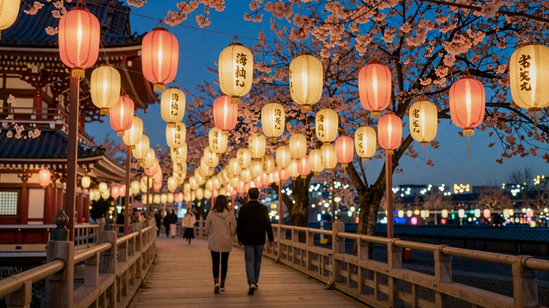 Romantic Asian cultural street scene with glowing lanterns and cherry blossoms symbolizing diverse dating traditions across Asia