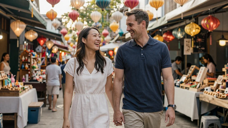 Happy Western man and Asian woman walking together through a vibrant Asian market during golden hour