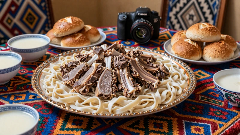 Traditional Kyrgyz beshbarmak feast with boiled lamb and noodles served alongside kymyz on colorful felt tablecloth