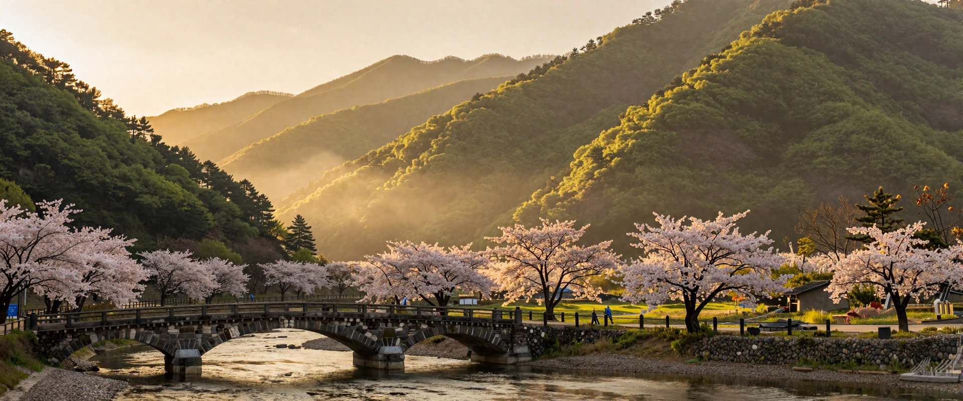 Korean mountain landscape at dawn with stone bridge symbolizing hope and new beginnings for North Korean women seeking love
