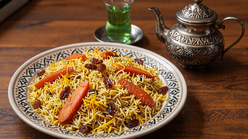 Traditional Afghan kabuli pulao with saffron rice raisins and carrots served with green tea in ornate Afghan teaware