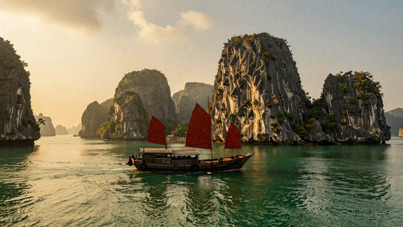 Ha Long Bay Vietnam with limestone karsts and traditional junk boat perfect for couples seeking romantic travel experiences