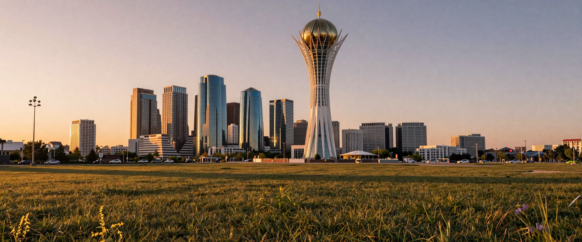 Astana Kazakhstan futuristic skyline with Bayterek tower at golden hour vast Kazakh steppe extending to horizon