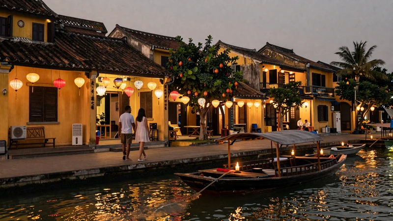 Romantic evening in Hoi An Vietnam ancient town with colorful lanterns illuminating the waterfront for couples