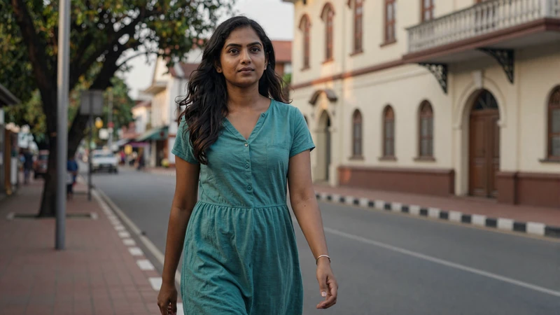 Confident Sri Lankan woman walking along tree-lined Colombo street in casual teal dress with colonial architecture background