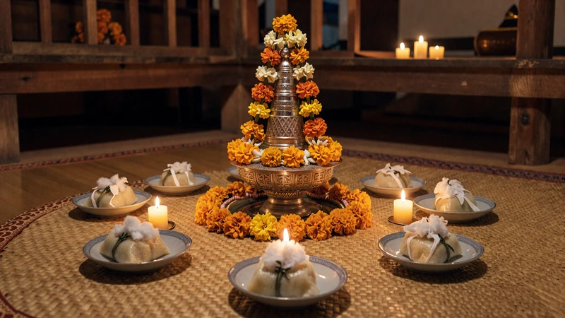 Traditional Laotian baci ceremony centerpiece with marigold flowers white cotton threads and sticky rice offerings