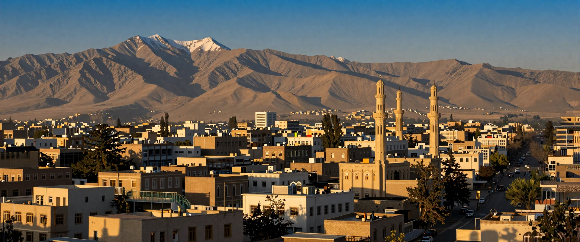Kabul Afghanistan cityscape with Hindu Kush mountains at golden hour showing traditional architecture and minarets