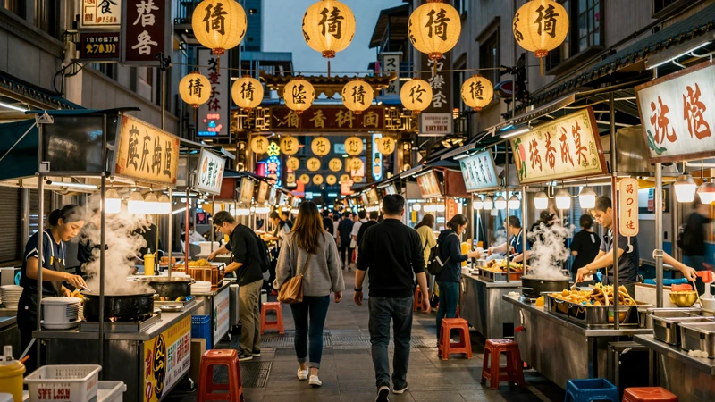 Taipei Raohe Night Market at evening with warm lantern lights and steam from food stalls showcasing Taiwanese food culture
