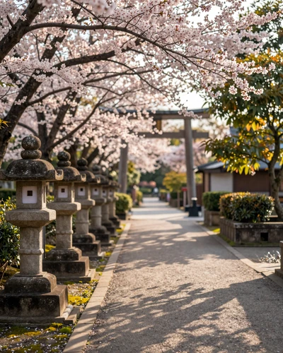 Serene Japanese garden path with cherry blossoms and stone lantern representing East Asian dating formality and tradition