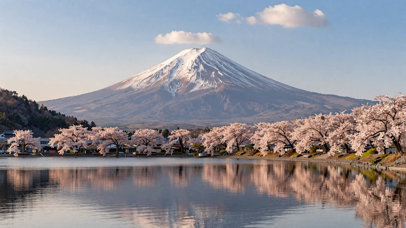 Mount Fuji viewed from Lake Kawaguchiko with cherry blossoms in bloom perfect destination for international couples