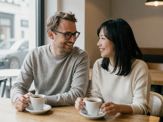 James from the UK and Yuki from Japan happy couple at cafe success story